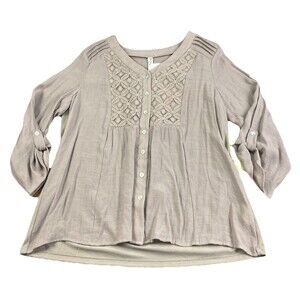 PERSEPTION 3/4 Sleeve Top Taupe Lace Accent Blouse Large NWT